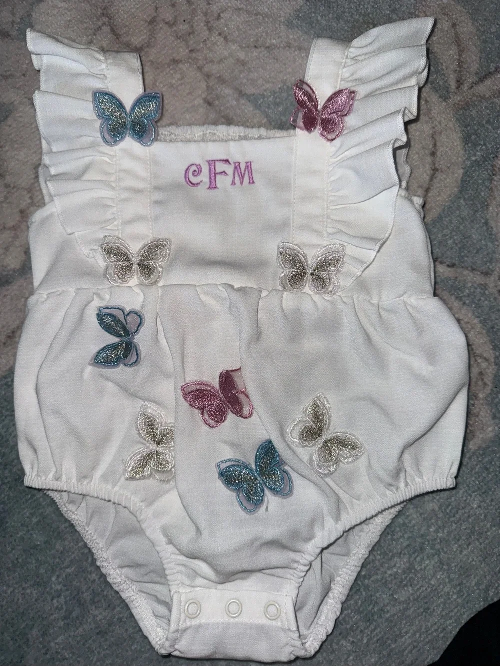 Handmade White Baby Bubble Romper with Multicolor Butterfly Appliqués